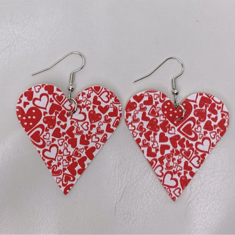 Heart-Shaped Dangle Earrings Red & White Hearts Faux Leather